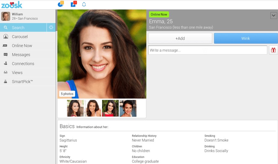 profile overview of an attractive single brunette, who is searching for a date on zoosk website.