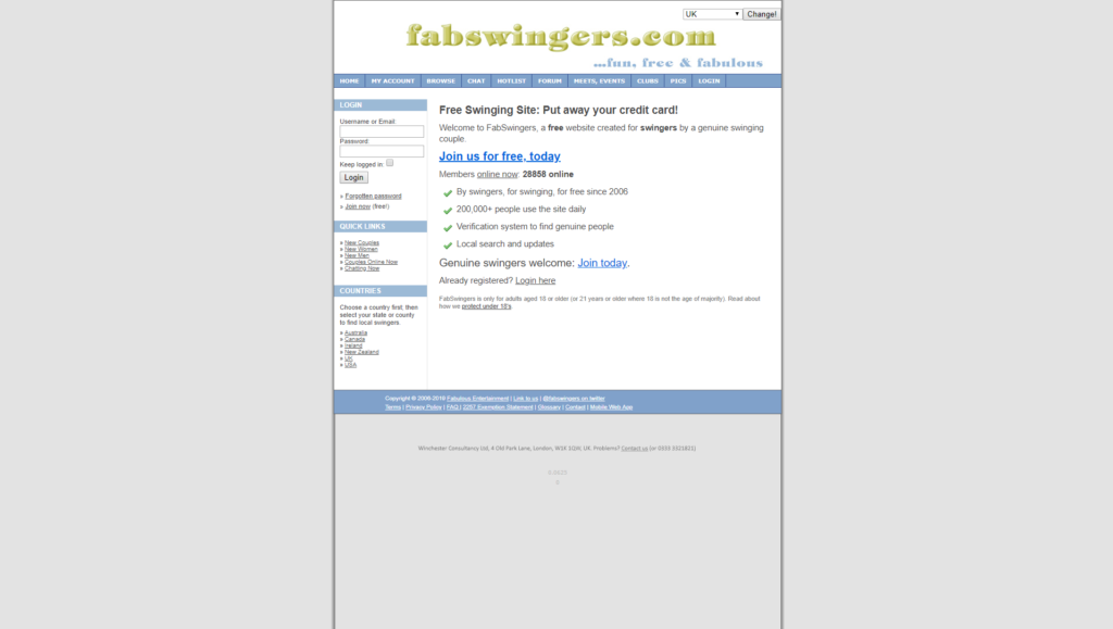 Homepage of FabSwingers dating site