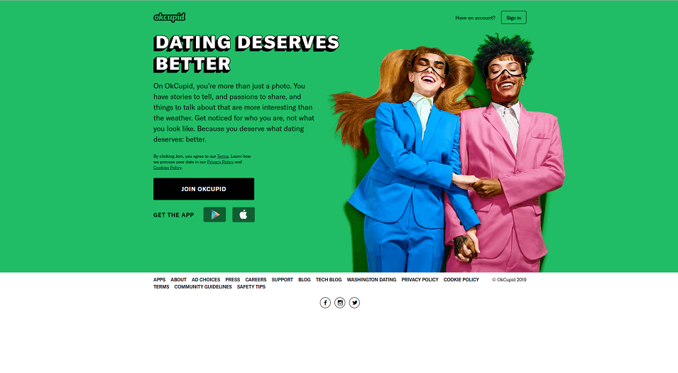 OKCupid dating app homepage. One of the biggest dating apps 