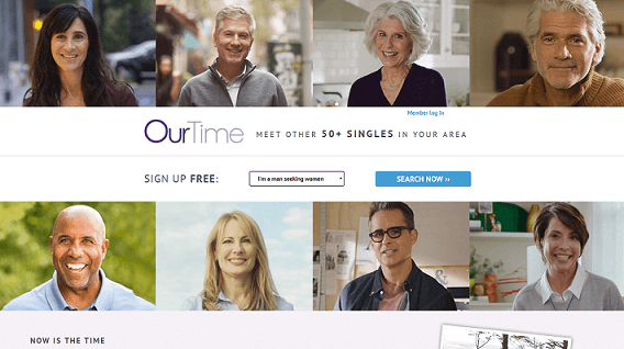 OurTime homepage, various profile pictures of men and women over 50 looking happy and attractive 