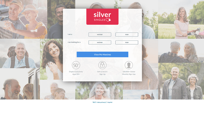 The homepage of SilverSingles dating site.