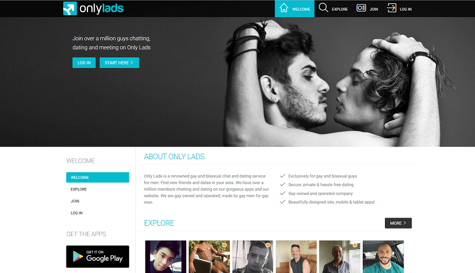 landing page of only lads. in the background two men are seen hugging and kissing