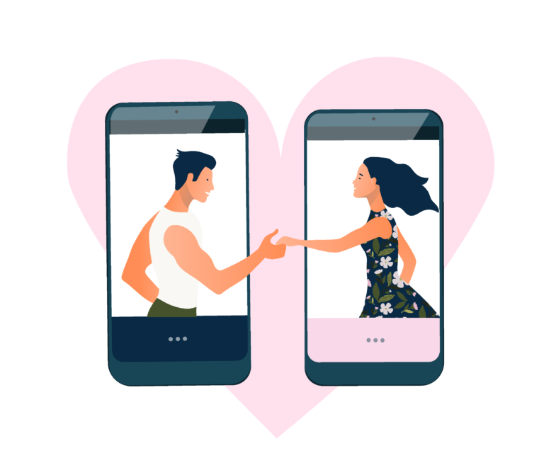 Man and woman holding hands across smartphones