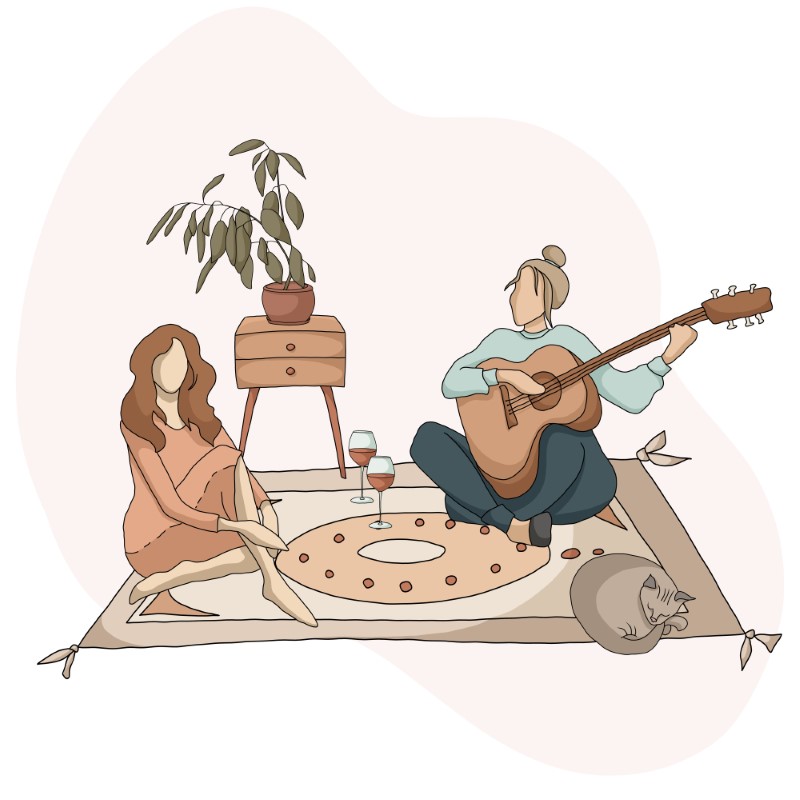 vector art of two women sitting on a carpet drinking wine while one plays the guitar