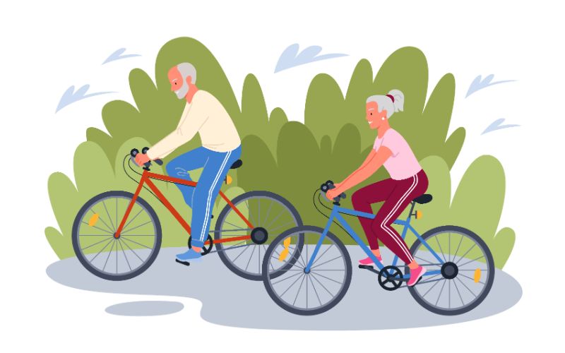 vector art of two seniors riding their bikes together