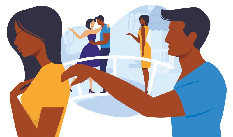 vector art of man trying to talk to woman after she caught him having an affair