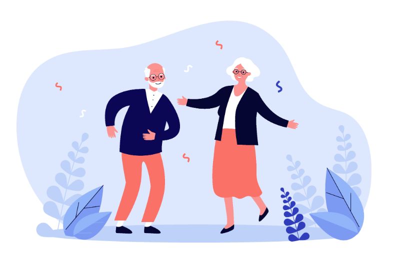 vector art of older man and woman dancing and celebrating