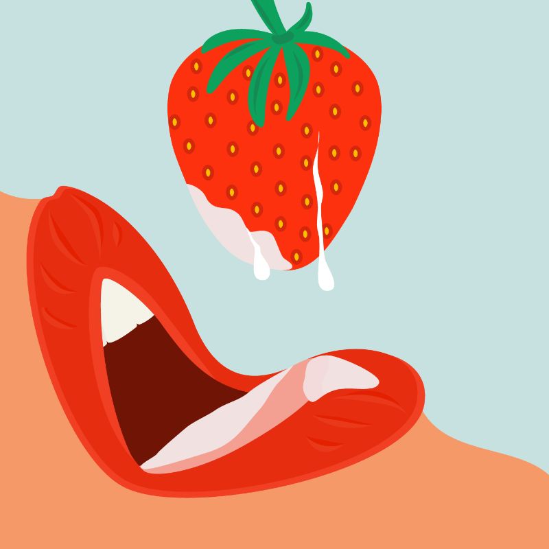 illustration of a woman eating a strawberry seductively