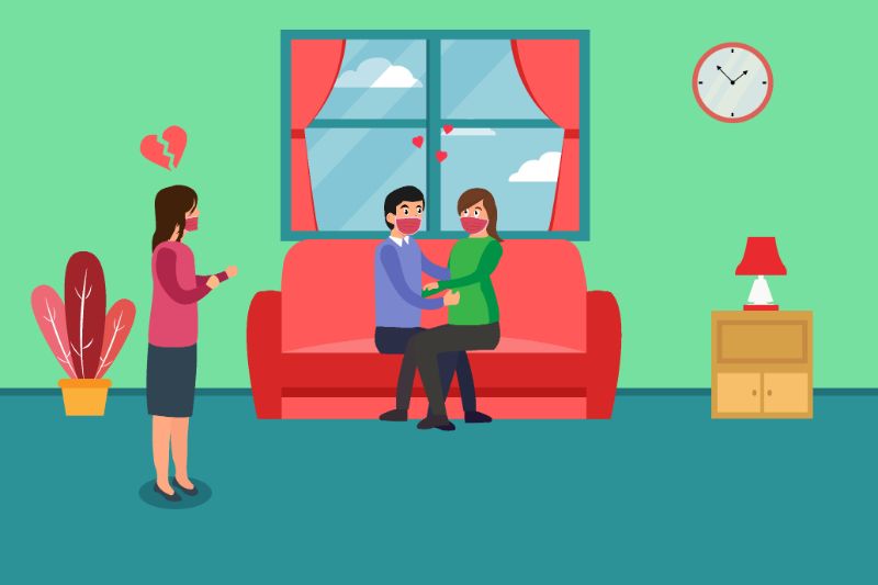 vector art of a woman catching her husband having an affair while they're all wearing face masks