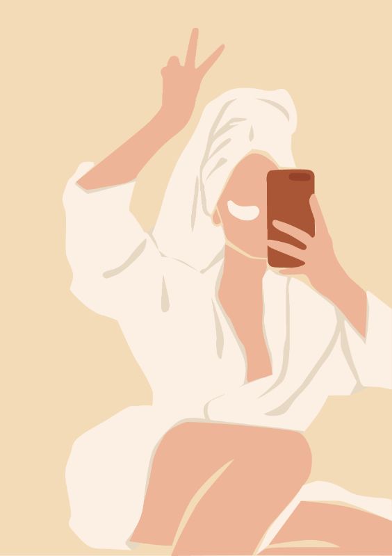 vector art of a woman in a bathrobe taking a selfie