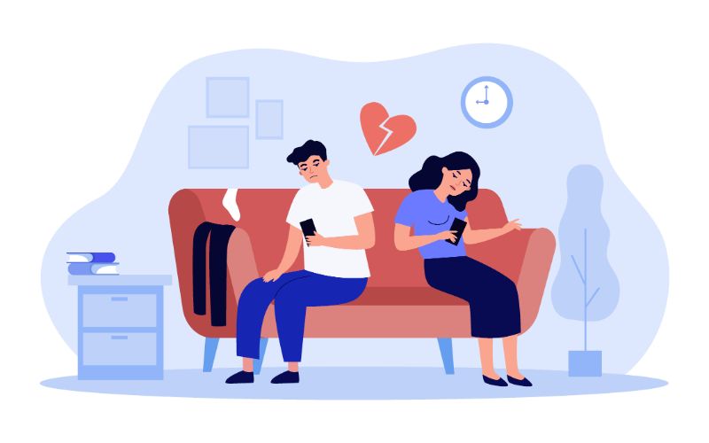 illustration of a broken up couple looking sadly in their phones